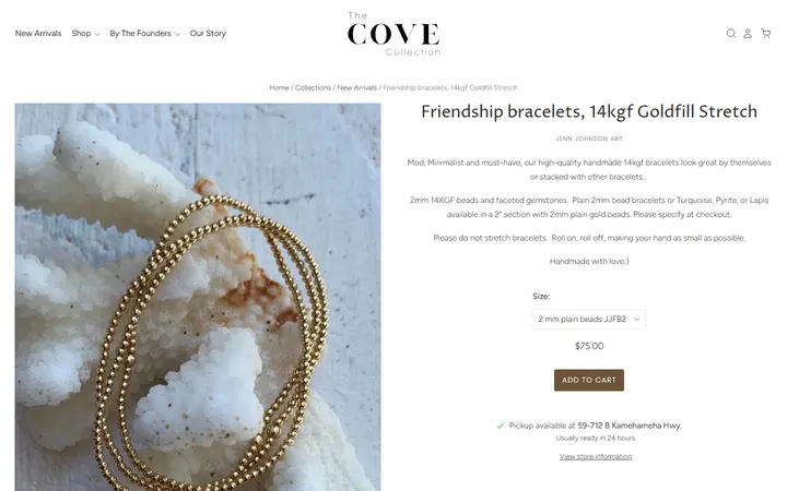 Website page titled Friendship bracelets, 14kgf Goldfill Stretch– The Cove Collection