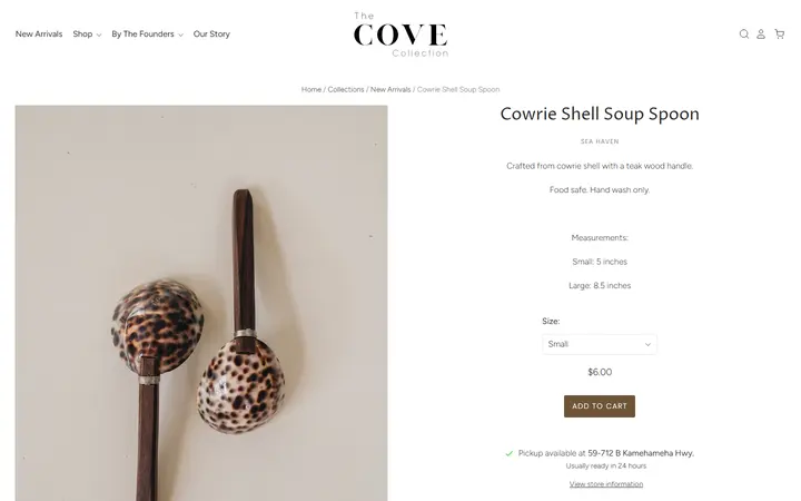 Website page titled Cowrie Shell Soup Spoon– The Cove Collection