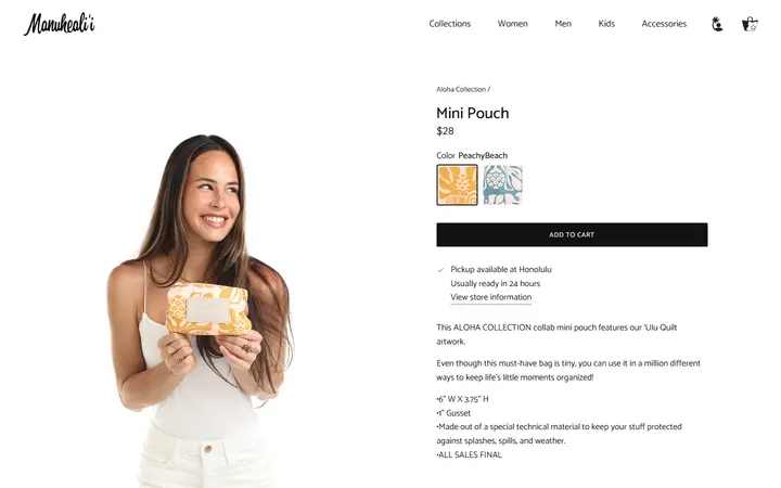 Website page titled Mini Pouch – Manuheali'i