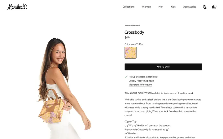 Website page titled Crossbody – Manuheali'i