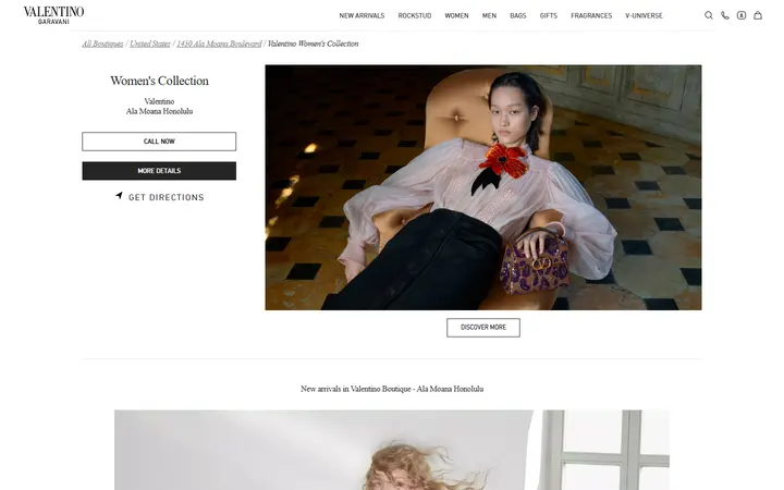Website page titled Valentino Ala Moana Honolulu: Women and men collections, clothing, bags, shoes and accessories by Valentino Garavani in Honolulu, HI.