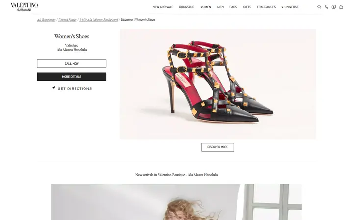 Website page titled Valentino Ala Moana Honolulu: Women and men collections, clothing, bags, shoes and accessories by Valentino Garavani in Honolulu, HI.