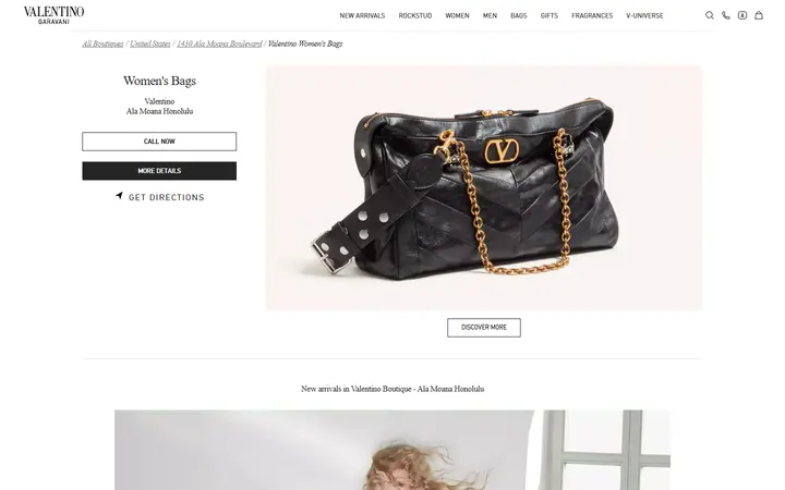 Website page titled Valentino Ala Moana Honolulu: Women and men collections, clothing, bags, shoes and accessories by Valentino Garavani in Honolulu, HI.