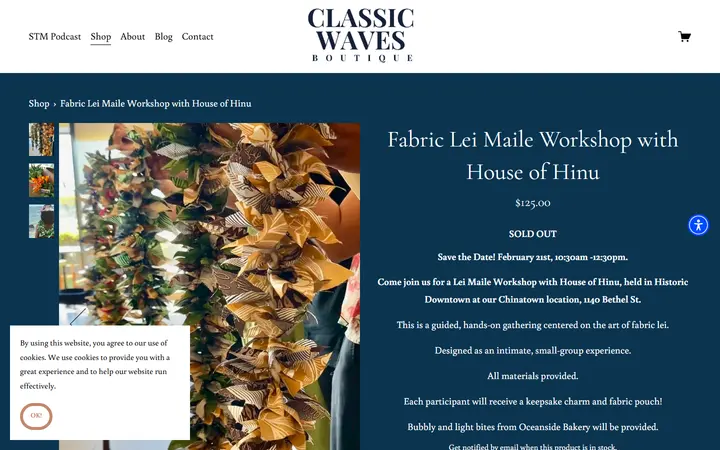 Website page titled Fabric Lei Maile Workshop with House of Hinu — CLASSIC WAVES