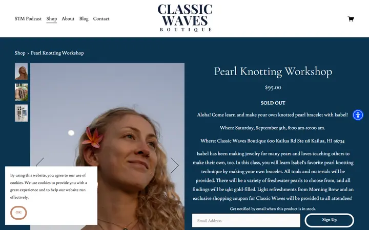 Website page titled Pearl Knotting Workshop — CLASSIC WAVES