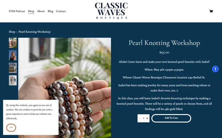Website page titled Pearl Knotting Workshop — CLASSIC WAVES