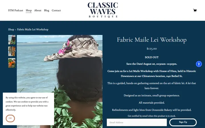 Website page titled Fabric Maile Lei Workshop — CLASSIC WAVES