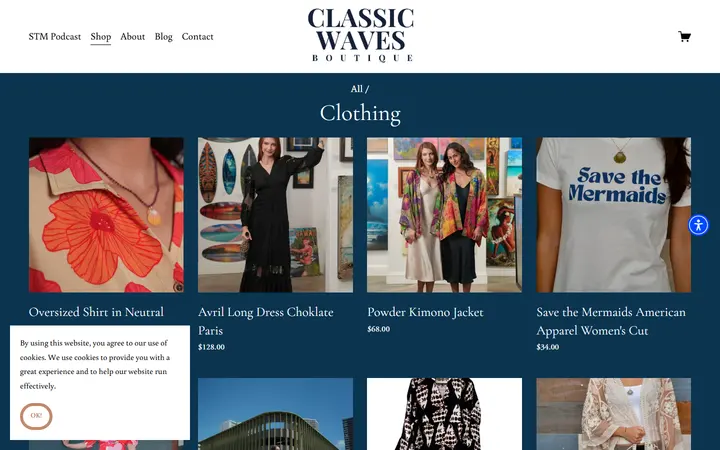 Website page titled Clothing — Shop — CLASSIC WAVES