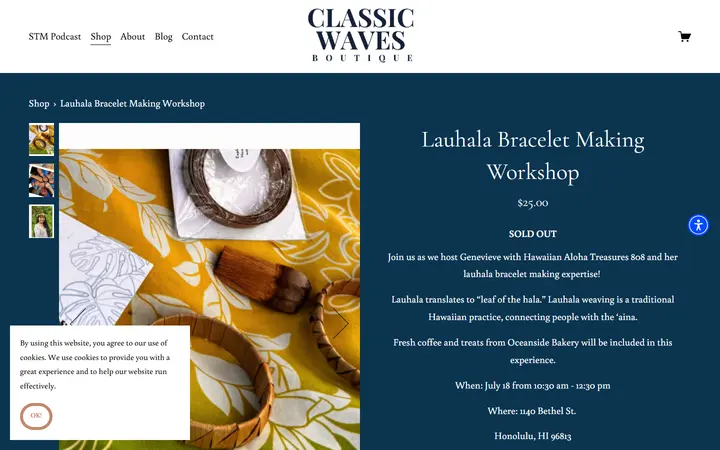 Website page titled Lauhala Bracelet Making Workshop — CLASSIC WAVES