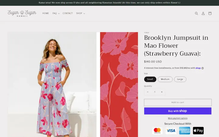 Website page titled Brooklyn Jumpsuit in Mao Flower (Strawberry Guava): – Sugar Sugar Hawaii