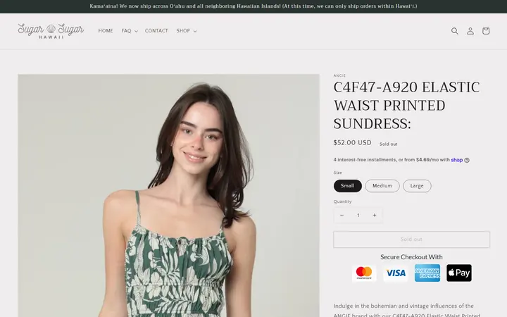 Website page titled C4F47-A920 ELASTIC WAIST PRINTED SUNDRESS: – Sugar Sugar Hawaii