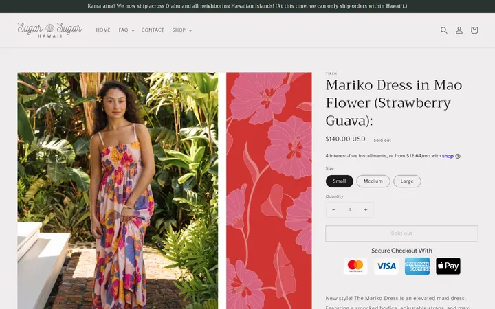 Website page titled Mariko Dress in Mao Flower (Strawberry Guava): – Sugar Sugar Hawaii