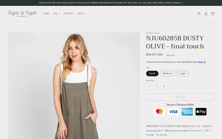 Website page titled NJU60285B DUSTY OLIVE - final touch – Sugar Sugar Hawaii