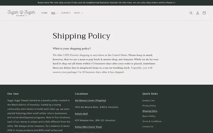 Website page titled Shipping Policy – Sugar Sugar Hawaii