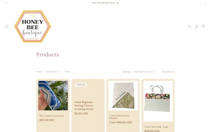 Website page titled Products – Honey Bee Boutique
