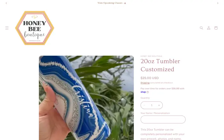 Website page titled 20oz Tumbler Customized – Honey Bee Boutique