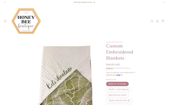 Website page titled Custom Embroidered Blankets – Honey Bee Boutique