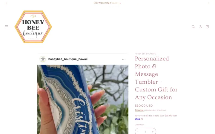Website page titled Personalized Photo & Message Tumbler – Custom Gift for Any Occasion – Honey Bee Boutique