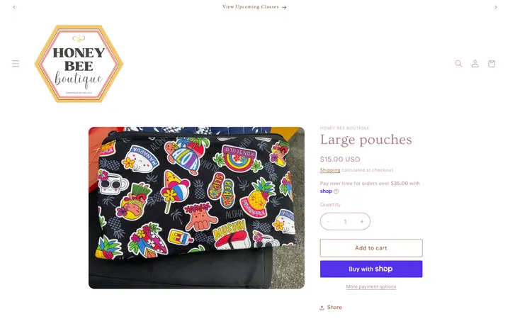 Website page titled Large pouches – Honey Bee Boutique