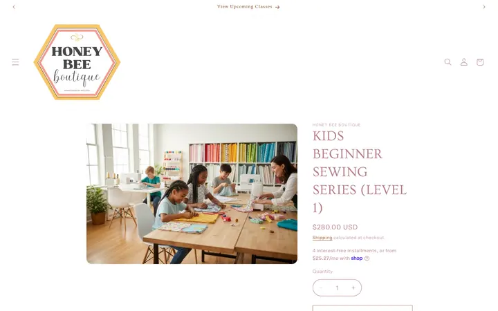 Website page titled KIDS BEGINNER SEWING SERIES (LEVEL 1) – Honey Bee Boutique