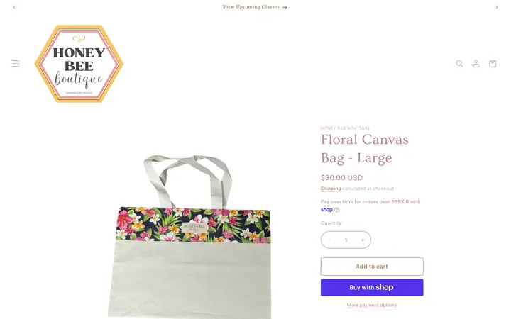 Website page titled Floral Canvas Bag - Large – Honey Bee Boutique