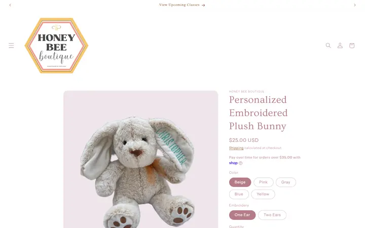 Website page titled Personalized Embroidered Plush Bunny – Honey Bee Boutique