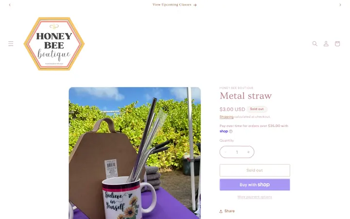 Website page titled Metal straw – Honey Bee Boutique