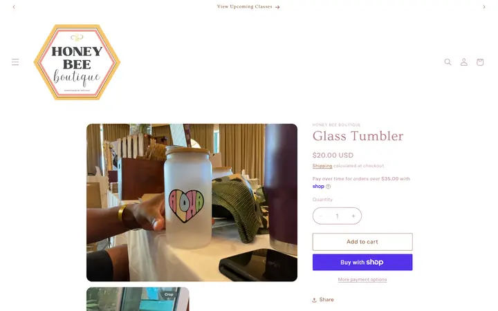 Website page titled Glass Tumbler – Honey Bee Boutique