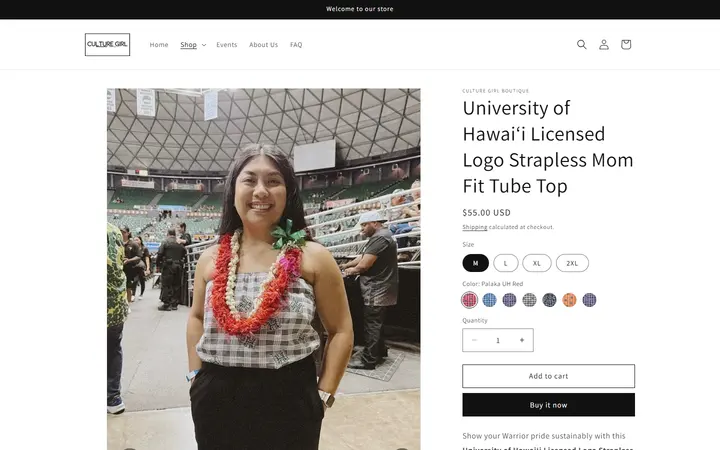 Website page titled University of Hawai‘i Logo Strapless Tube Top | Sustainable Up-cycled Apparel | Culture Girl Boutique