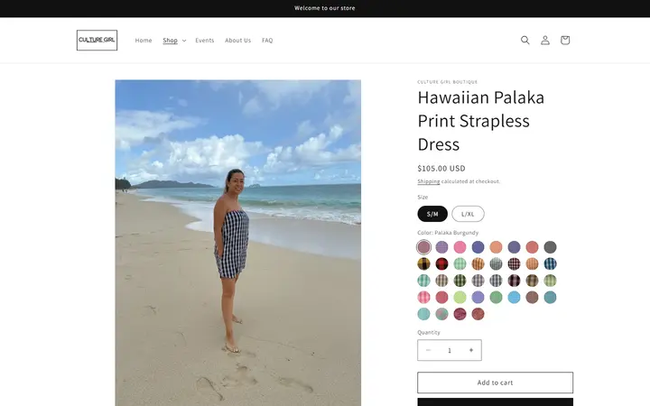Website page titled Hawaiian Palaka Strapless Dress | Sustainable Up-cycled Island Fashion | Culture Girl Boutique
