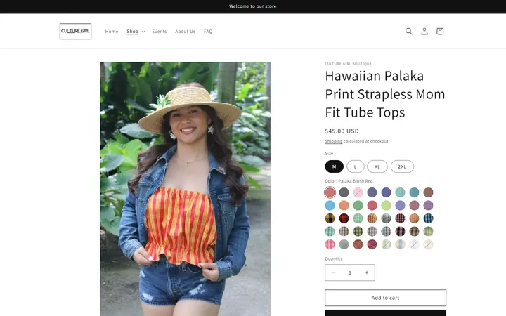 Website page titled Hawaiian Palaka Strapless Tube Top | Up-cycled Sustainable Island Fashion | Culture Girl Boutique