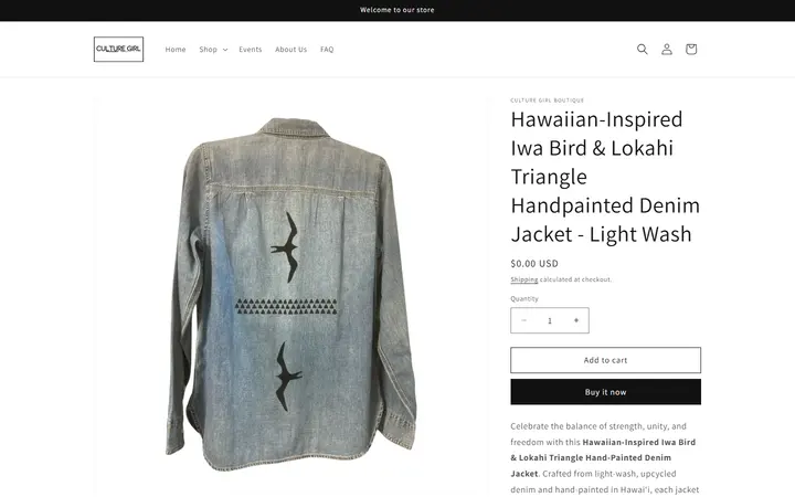 Website page titled Hawaiian Iwa Bird & Lokahi Triangle Hand-Painted Light Wash Denim Jacket | Upcycled Art | Culture Girl Boutique