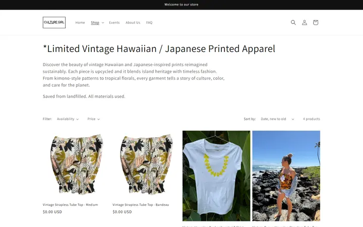 Website page titled Vintage Hawaiian Japanese Prints | Recycled Island Style – Culture Girl Boutique
