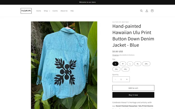 Website page titled Hand-Painted Hawaiian ‘Ulu Denim Jacket - Blue | Sustainable & Handmade in Hawai‘i – Culture Girl Boutique