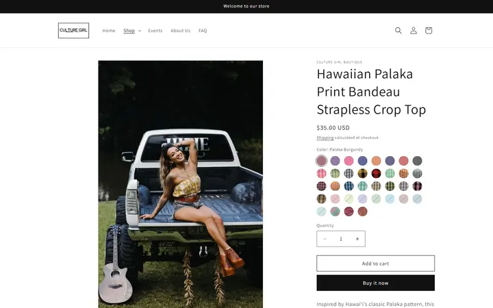 Website page titled Hawaiian Palaka Print Bandeau Strapless Crop Top | Sustainable & Handmade in Hawai‘i – Culture Girl Boutique
