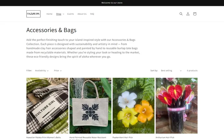 Website page titled Accessories & Bags | Handmade Clay Hair Accessories & Burlap Totes – Culture Girl Boutique