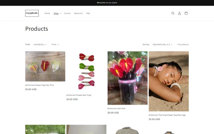 Website page titled Products – Culture Girl Boutique