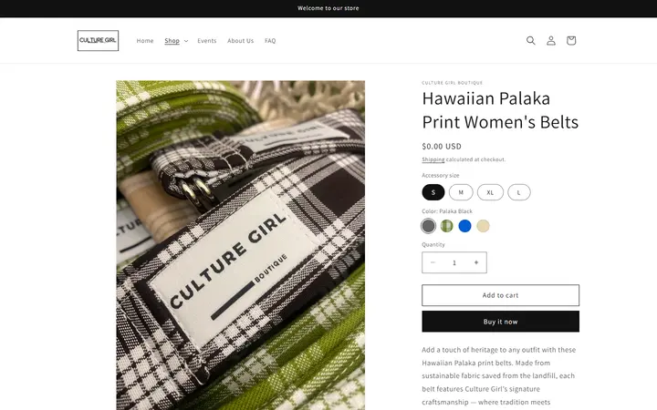 Website page titled Hawaiian Palaka Print Women's Belts – Culture Girl Boutique