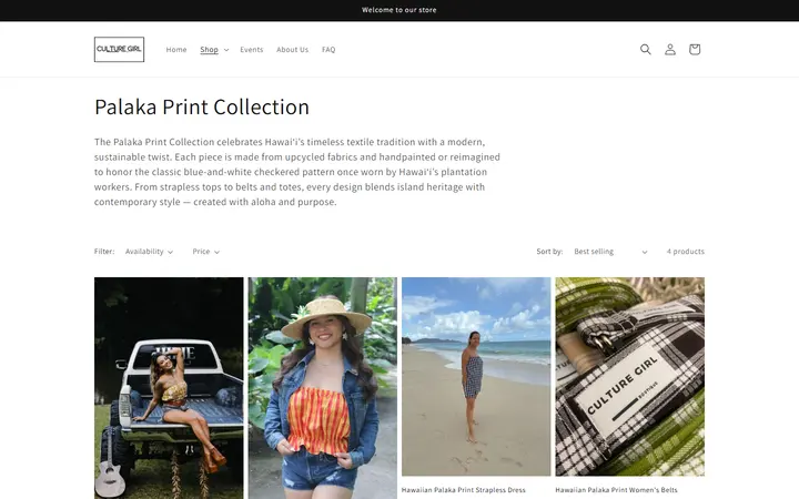 Website page titled Palaka Print Collection | Sustainable Hawaiian Heritage Fashion – Culture Girl Boutique