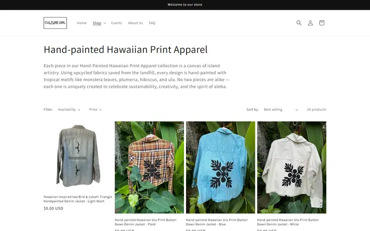 Website page titled Hand-painted Hawaiian Print Apparel – Culture Girl Boutique