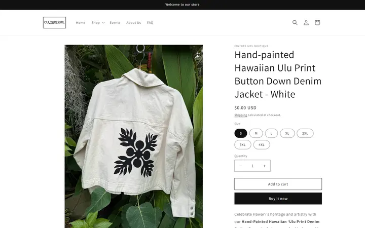 Website page titled Hand-Painted Hawaiian ‘Ulu Denim Jacket - White | Sustainable & Handmade in Hawai‘i – Culture Girl Boutique