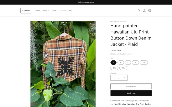 Website page titled Hand-Painted Hawaiian ‘Ulu Denim Jacket - Plaid | Sustainable & Handmade in Hawai‘i – Culture Girl Boutique