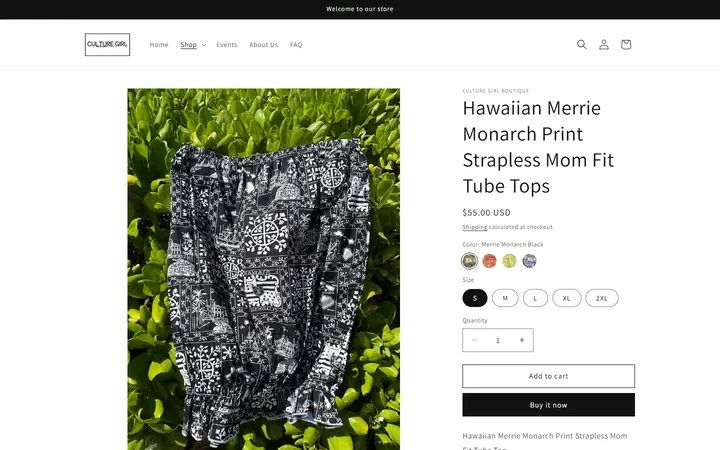 Website page titled Hawaiian Merrie Monarch Tube Tops | Sustainable Mom Fit Tops | Culture Girl – Culture Girl Boutique
