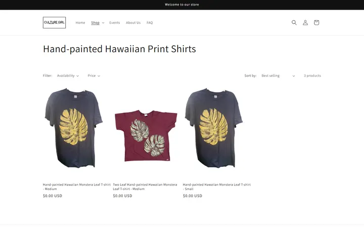 Website page titled Hand-painted Hawaiian Print Shirts – Culture Girl Boutique