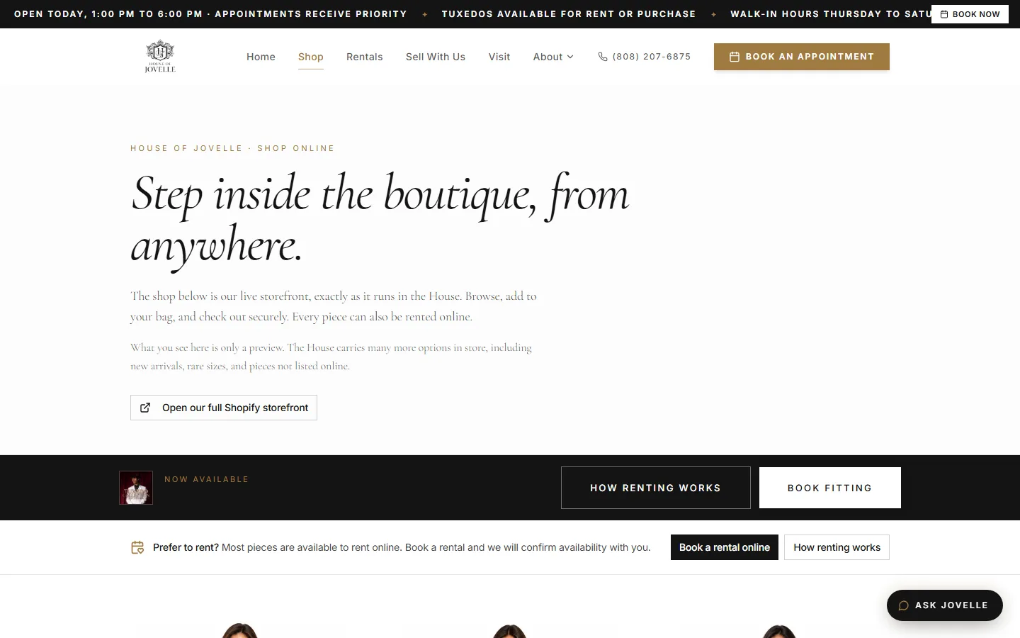Viewport capture of House of Jovelle | O'ahu, Hawai'i Dress, Gowns & Formalwear Rental + Consignment website