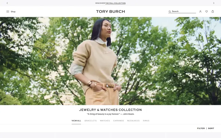 Website page titled Designer Jewellery: Bracelets, Earrings & More | Tory Burch EU