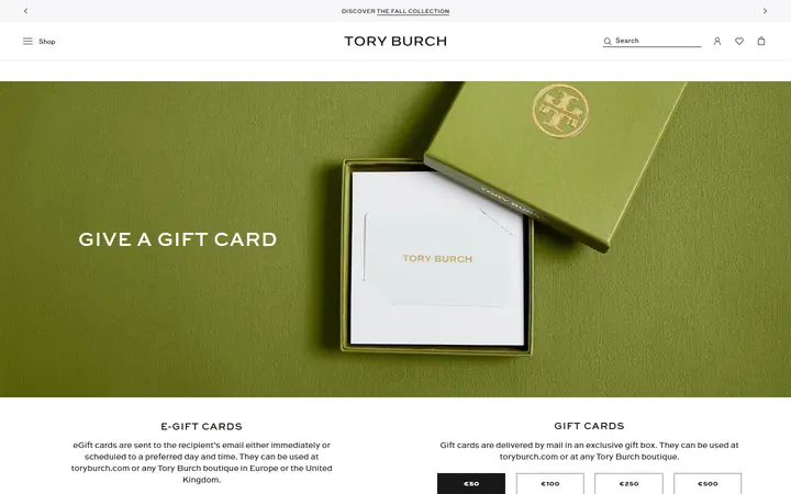 Website page titled Tory Burch Gift Cards and e-Gift Cards
