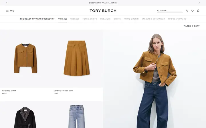 Website page titled Women's Designer Clothing | Luxury Clothing | Tory Burch EU