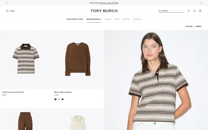 Website page titled New Arrivals: Women's Sportswear & Activewear | Tory Burch EU