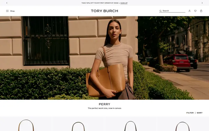 Website page titled Perry Handbags | Canvas Tote Bags & Mini Bags | Tory Burch EU